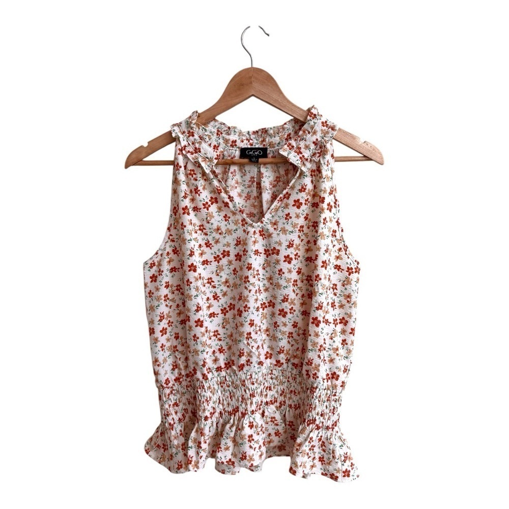 GiGio Red Floral Ruffle V Neck Sleeveless Smocked Waist Womens Size L Blouse